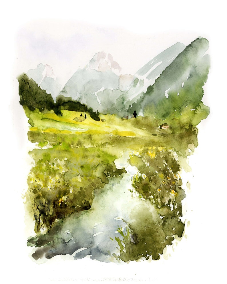 Pu&ograve; includere: Dipinto ad acquerello di un paesaggio montano con un ruscello che scorre attraverso un prato verde. Le montagne sono sullo sfondo e sono dipinte in tonalit&agrave; di blu e verde. Il prato &egrave; in primo piano ed &egrave; dipinto in tonalit&agrave; di verde e giallo. Il ruscello &egrave; dipinto in tonalit&agrave; di blu e grigio.