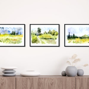 Large Nature Wall Art, Watercolor Nature Prints, Nature Lover Gift, Watercolor Print Set of 3, countryside wall decor set, Field wall art