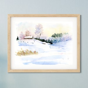 May include: A watercolor painting of a snowy winter scene with a small house in the foreground and a forest in the background. The sky is a soft blue and yellow, and the snow is white and fluffy.