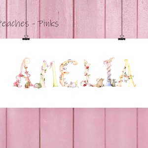 Gepersonaliseerde bosnaamafdruk, aangepaste naamkunst, nieuwe babycadeau, naam kunst aan de muur, kinderkamer bloemenprint, kunst aan de muur baby, aquarel kunst kinderkamer