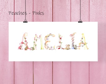 Personalized Woodland Name Print, Custom Name Art, New Baby Gift, Name Wall Art, Nursery Floral Print, Baby Wall Art, Nursery Watercolor Art