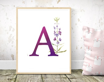 Personalized Monogram Print, Letter Art, Custom Floral Print, Nursery Watercolor Art, Initial Print, Nursery Wall Art, Monogram Art Print.