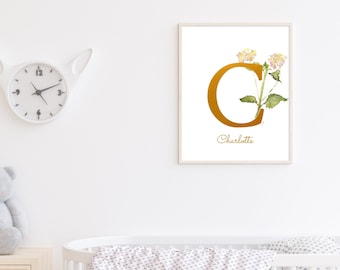 Large Personalized Monogram Print, Letter Art, Custom Floral Print, Nursery Watercolor Art, Initial Print,kids Wall Art, Monogram Art Print.