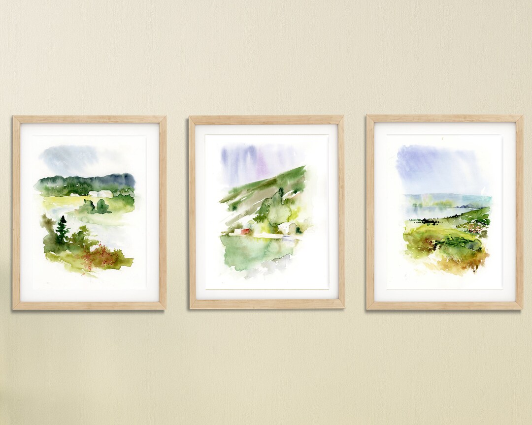 Mountain Wall Art Set, Watercolor Landscape Prints, Green Wall Art Set ...