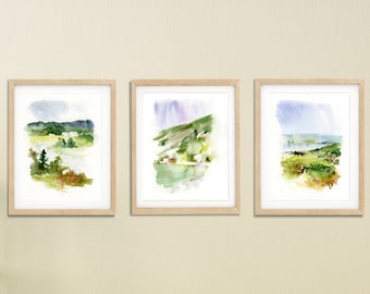 Berg Wand Kunst Set, Aquarell Landschaft Drucke, Grüne Wand Kunst 3er-Set, Natur Drucke Set, Aquarell Drucke Set 3 Bilder, Galerie Wand Set