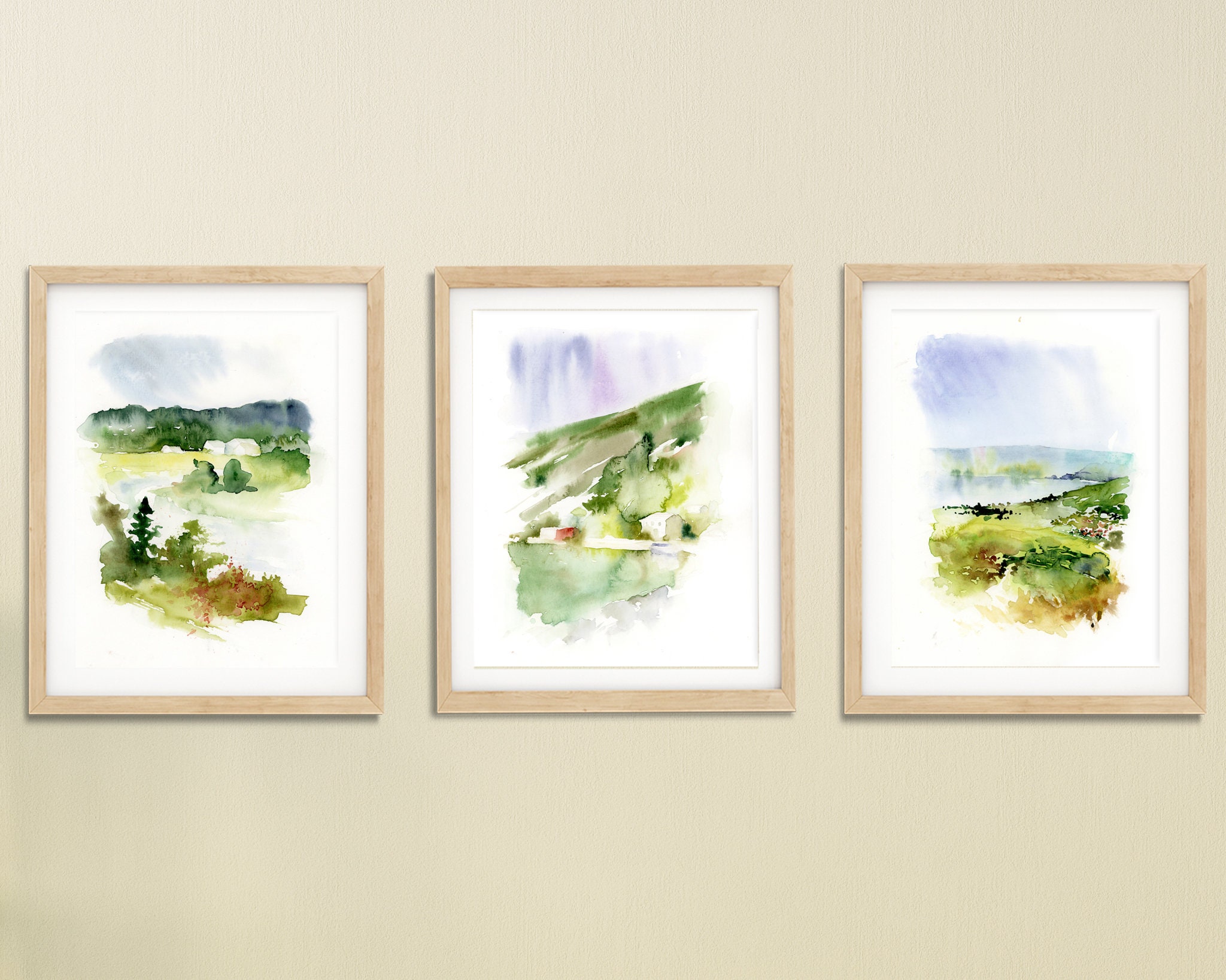 Mountain Wall Art Set, Watercolor Landscape Prints, Green Wall Art Set ...