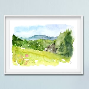 Blue and green Vermont Landscape Painting, Watercolor US scenery Art, Small Watercolor Art Print, Nature Painting, giclee print Fine Art