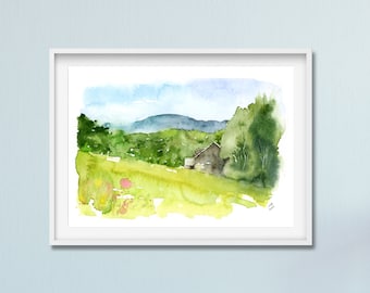Vermont Landscape Watercolor Art Print: US Scenery Painting
