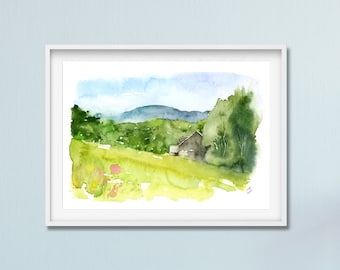 Blue and green Vermont Landscape Painting, Watercolor US scenery Art, Small Watercolor Art Print, Nature Painting, giclee print Fine Art