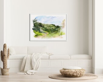 Grande impressão de paisagem em aquarela, paisagem verde, arte de parede com paisagem natural, pintura em aquarela, arte em aquarela, pintura da natureza