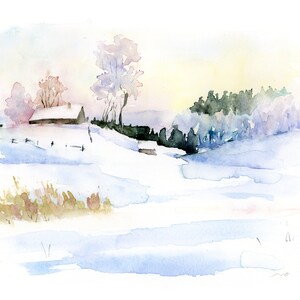 May include: Watercolor painting of a snowy winter landscape with a small house in the foreground and a forest in the background.