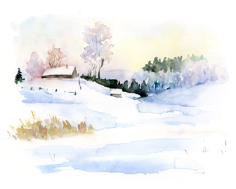May include: Watercolor painting of a snowy winter landscape with a small house in the foreground and a forest in the background.