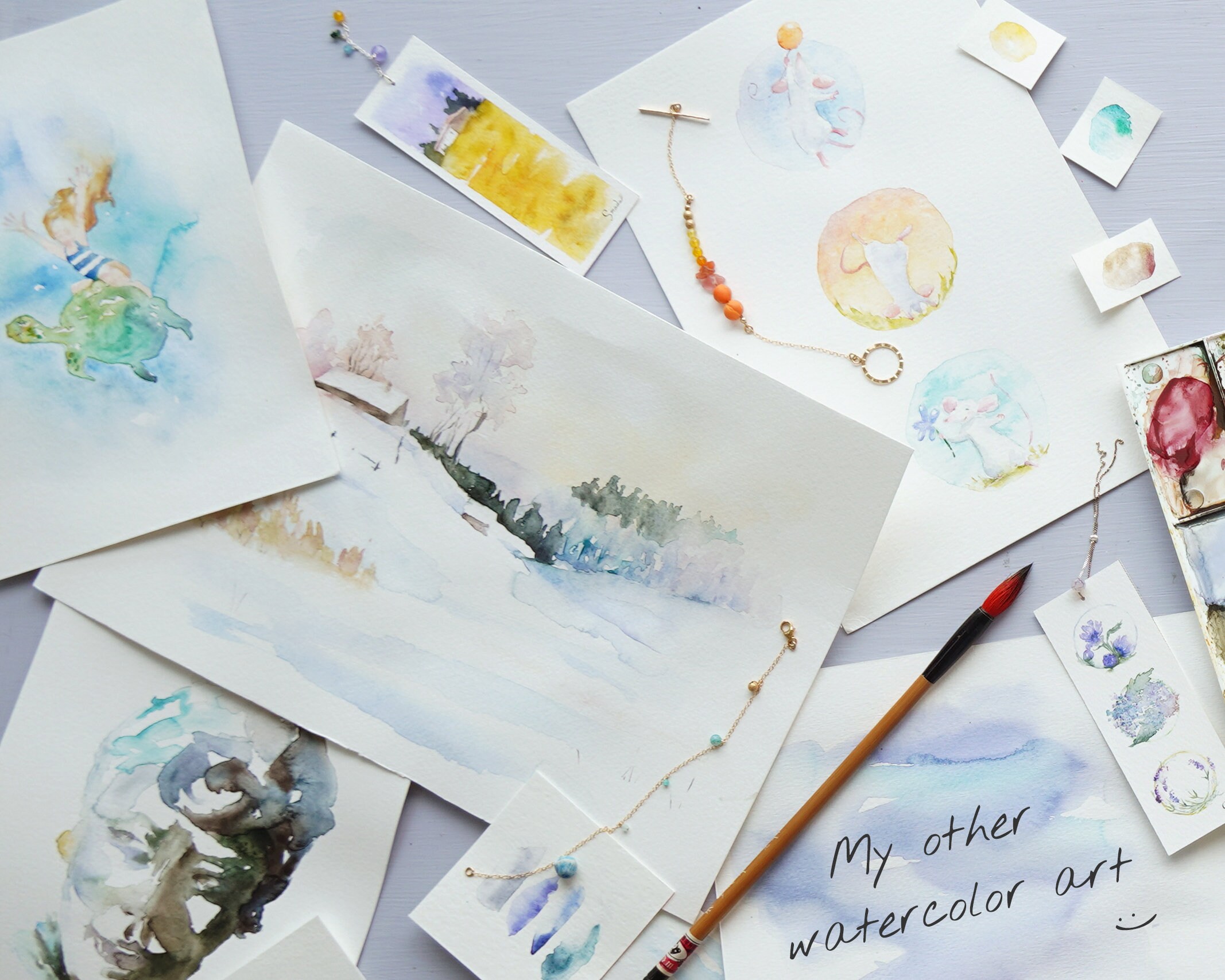 紫の風景画、水彩画の田舎の風景の小版画、水彩画の風景