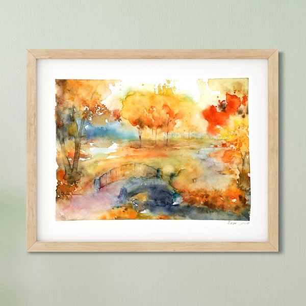 Autumn Art Print, Landscape Watercolor Painting, Bridge Wall Art, Abstract Wall Art, Autumn Landscape Wall Art, Warm Color Wall Art