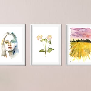 Watercolor Landscape Prints, Pink Prints, Nature Print Set, Watercolor Print Set of 3, Gallery Wall Set, pink Wall Art, flower Paintings