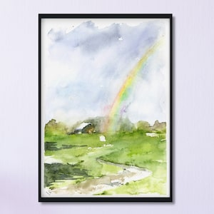 Rainbow Landscape Art Print, Trees Painting Print, Abstract Watercolor Wall Art, Nature Wall Art, Fine Art, small green print.