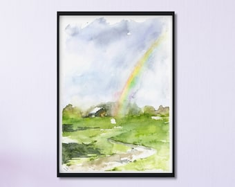 Può includere: Dipinto ad acquerello di un campo verde con un sentiero tortuoso che conduce a una piccola casa. Un arcobaleno si inarca sopra il campo contro un cielo nuvoloso.