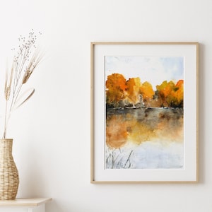 Autumn Landscape Wall Art, Living Room Painting, Large Watercolor Wall Art, Nature Painting, foliage Wall Art, Warm Color Art, Fine Artwork image 1