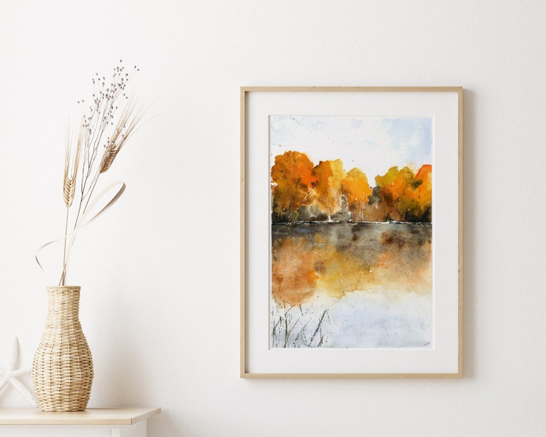 Autumn Landscape Wall Art, Living Room Painting, Large Watercolor Wall Art, Nature Painting, foliage Wall Art, Warm Color Art, Fine Artwork image 1