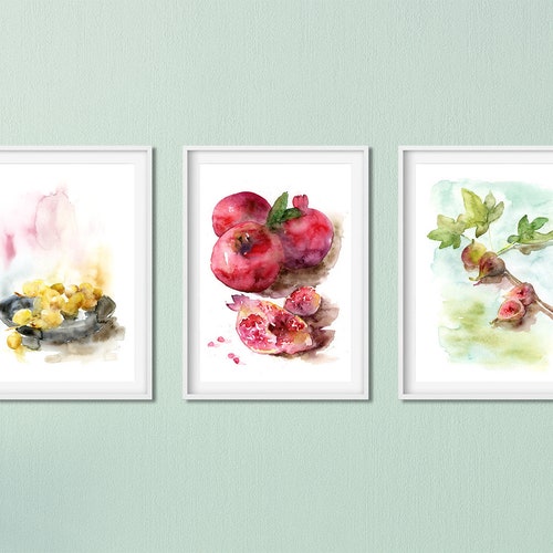 Large Nature Wall Art for the kitchen, Watercolor Prints, Art Gift, Watercolor Print Set of shops 3, Fruit wall décor set, pomegranate wall art