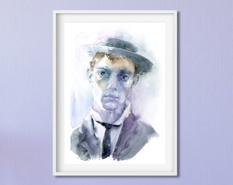 Buster Keaton Portrait, small celeb Portrait Painting, Movie actor Art, Buster Keaton Gift, Silent movie art, Living Room Art, Hollywood art