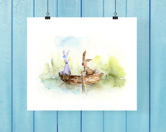 Arte infantil com animais em estilo lúdico, arte de parede para quarto de criança, impressão artística em aquarela para quarto de bebê, decoração para quarto de bebê e criança pequena com animais, impressão de coelhinhos em um barco.