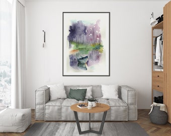 Landscape Wall Decor, Abstract Wall Art, Landscape Watercolor Painting, Woods Print, Living Room Art Print, Purple Watercolor Painting