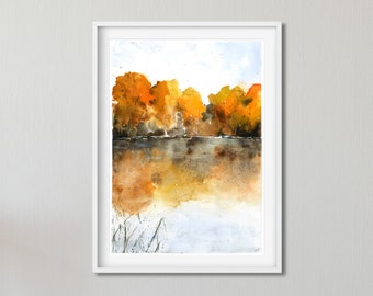 Autumn Art Print, Landscape Watercolor Painting, Lake Wall Art, Abstract Wall Art, Autumn Landscape Wall Art, Warm Color Wall Art.