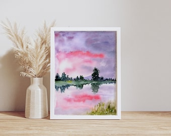 Sunset Painting, watercolor Sunset Wall Art, Watercolor Landscape, Sunset Print,  Purple Landscape Art, Fine Art Giclee, Pink painting