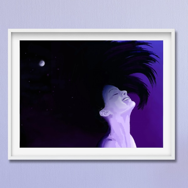 Small inspirational print of a woman, Figurative Print, Night sky Wall Art, Living Room Art Print, Whimsical inspirational Light art.