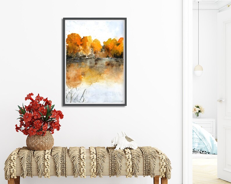 Autumn Landscape Wall Art, Living Room Painting, Large Watercolor Wall Art, Nature Painting, foliage Wall Art, Warm Color Art, Fine Artwork image 3