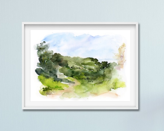 抽象風景画、水彩画（緑）、風景画、自然画、抽象水彩画、野原画
