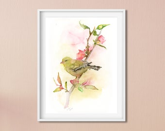Arte abstracto de aves, arte mural de aves, lámina de aves en acuarela, regalo para amantes de las aves, arte mural grande, lámina de arte de aves, arte para la sala de estar, pájaro en una rama