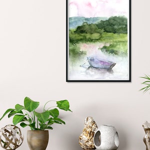 Sunset Landscape Art Print, Lake Art, green and blue Painting Print, Abstract Watercolor Wall Art, boat watercolor Art,Fine Art, Small print image 5