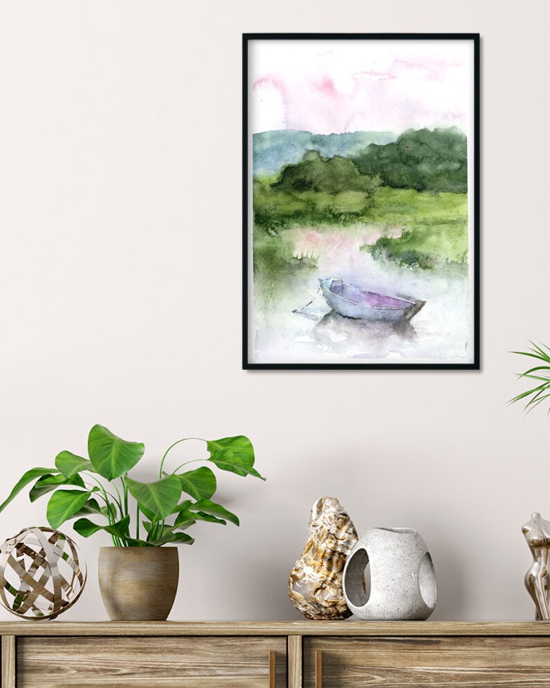 Sunset Landscape Art Print, Lake Art, green and blue Painting Print, Abstract Watercolor Wall Art, boat watercolor Art,Fine Art, Small print image 5