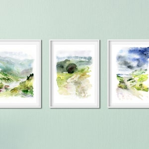 Stampe di paesaggi ad acquerello, stampe di strade, set di stampe naturalistiche, set di 3 stampe ad acquerello, set di pareti per gallerie, arte murale blu-verde, dipinti di strade