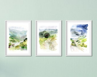 Impressões de paisagens em aquarela, impressões de estradas, conjunto de impressões de natureza, conjunto de 3 impressões em aquarela, conjunto de parede de galeria, arte de parede azul-esverdeada, pinturas de estradas