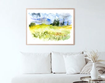 Large Watercolor Landscape Print, Field Landscape, Nature Landscape Wall Art, Watercolor Pasture Painting, Watercolor Art, Field Painting