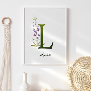 Impresión de monograma personalizada grande, arte de letras, estampado floral personalizado, arte de acuarela de guardería, impresión inicial, arte de pared para niños, impresión de arte de monograma.