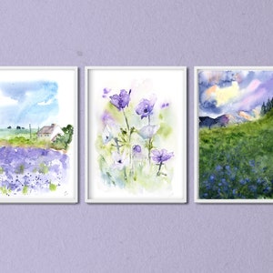 Stampe di paesaggi ad acquerello viola, set di stampe floreali di lavanda, set di 3 stampe ad acquerello, set di pareti con galleria, dipinti di fiori viola da parete