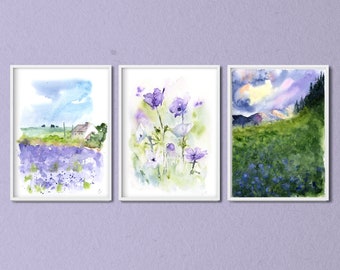 Paisagens em aquarela roxas, conjunto de estampas florais em lavanda, conjunto de 3 estampas em aquarela, conjunto de galeria de parede, pinturas de flores roxas, arte de parede