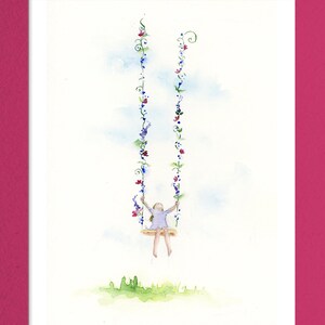 Pode incluir: Pintura em aquarela de uma menina em um balan&ccedil;o com um design floral. O balan&ccedil;o &eacute; feito de duas cordas com flores e videiras crescendo para cima. A menina est&aacute; vestindo um vestido roxo e tem os bra&ccedil;os levantados no ar.