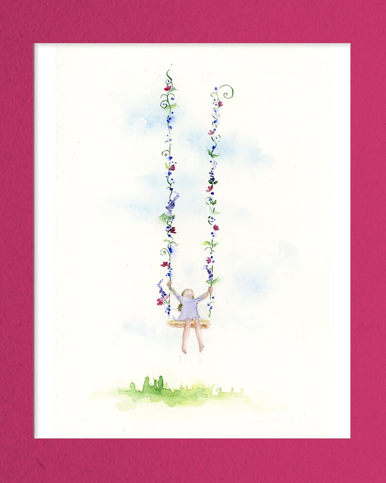 Pode incluir: Pintura em aquarela de uma menina em um balan&ccedil;o com um design floral. O balan&ccedil;o &eacute; feito de duas cordas com flores e videiras crescendo para cima. A menina est&aacute; vestindo um vestido roxo e tem os bra&ccedil;os levantados no ar.