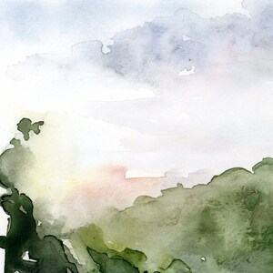 May include: Abstract watercolor painting with a soft, hazy blue sky and a green landscape in the foreground. The colors are muted and blend together seamlessly, creating a sense of tranquility.