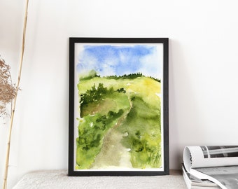 Blue and green Vermont country Landscape Painting,  Watercolor US scenery Art, Small Watercolor Art Print, giclee print Fine Art