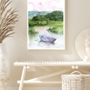 Sunset Landscape Art Print, Lake Art, green and blue Painting Print, Abstract Watercolor Wall Art, boat watercolor Art,Fine Art, Small print image 3