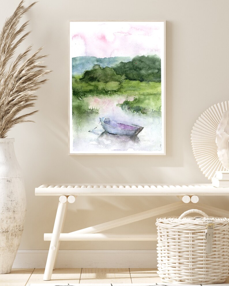 Sunset Landscape Art Print, Lake Art, green and blue Painting Print, Abstract Watercolor Wall Art, boat watercolor Art,Fine Art, Small print image 3