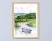 夕焼けの風景アートプリント、湖のアート、緑と青の絵画プリント、抽象