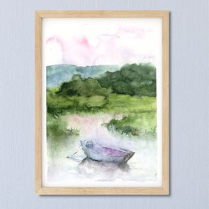 Sunset Landscape Art Print, Lake Art, green and blue Painting Print, Abstract Watercolor Wall Art, boat watercolor Art,Fine Art, Small print image 1