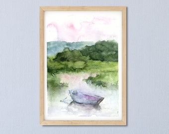 Sunset Landscape Art Print, Lake Art, green and blue Painting Print, Abstract Watercolor Wall Art, boat watercolor Art,Fine Art, Small print